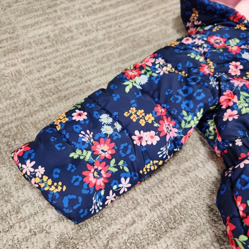 Little Me girls floral puffer hood heavyweight jacket blue pink size 2T